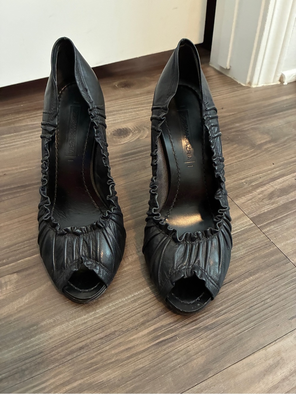 BCBG Max Azaria Black Leather Peep-Toe Pumps - Women
